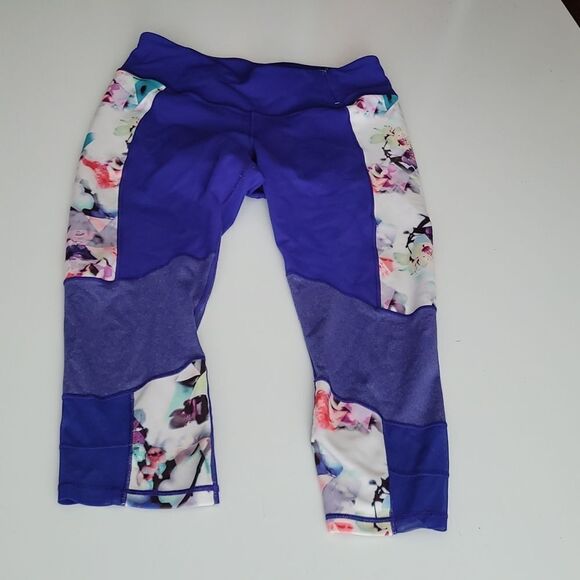 L CALIA BLUE PINK FLORAL MESH TRIM CAPRI PANTS LEGGINGS LARGE - Picture 1 of 5